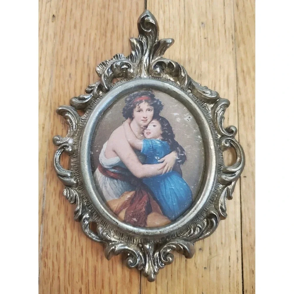 Victorian Ornate Brass Metal Frame Italian Silk Art Picture Mother & Child 6.5''